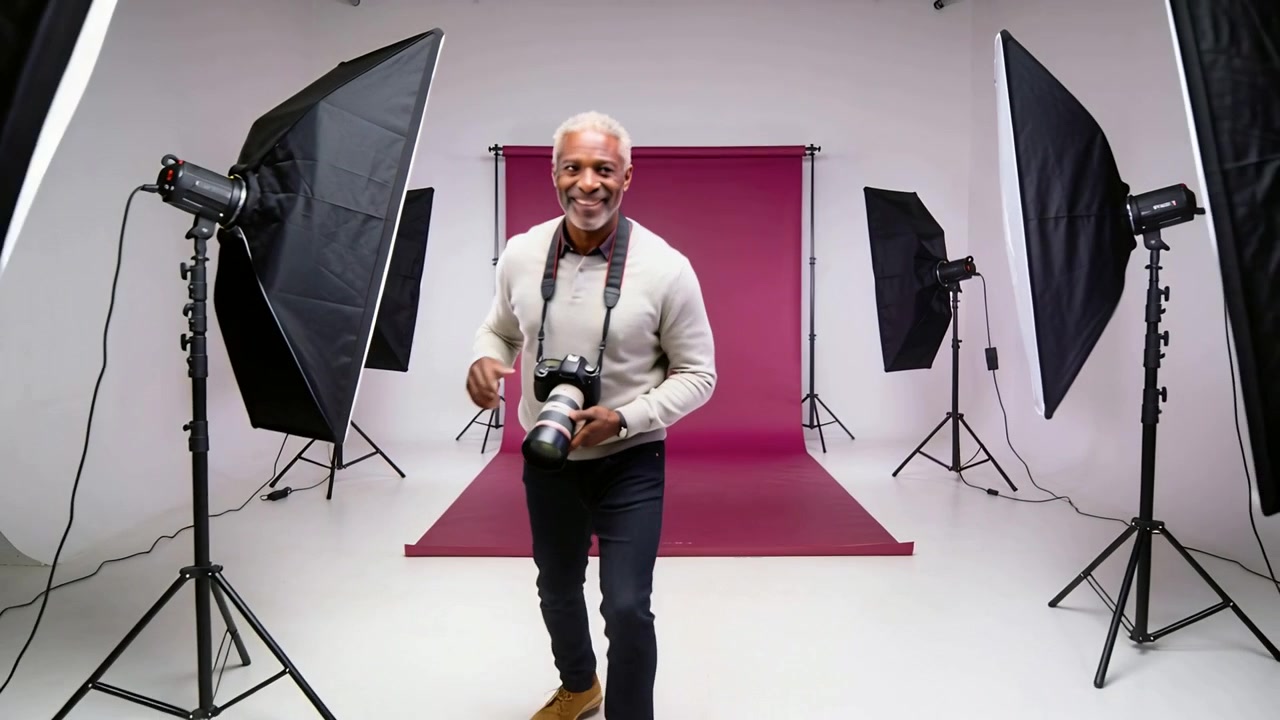 Smilende, gående eldre proff i kremfarget genser med speilreflekskamera mot kameraet, justerer softbox og forbereder opptaket.