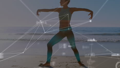 animación de la red de conexiones y procesamiento de datos sobre una mujer practicando yoga en la playa