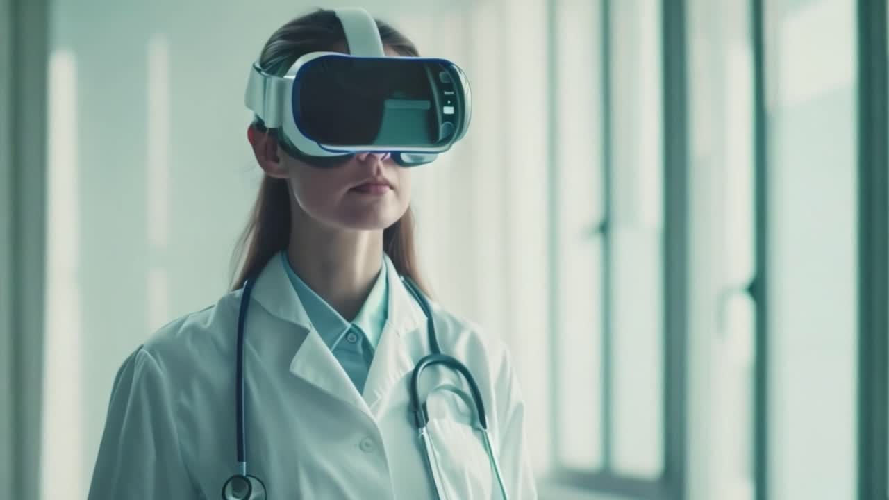 Médico usando gafas de realidad virtual en un entorno médico