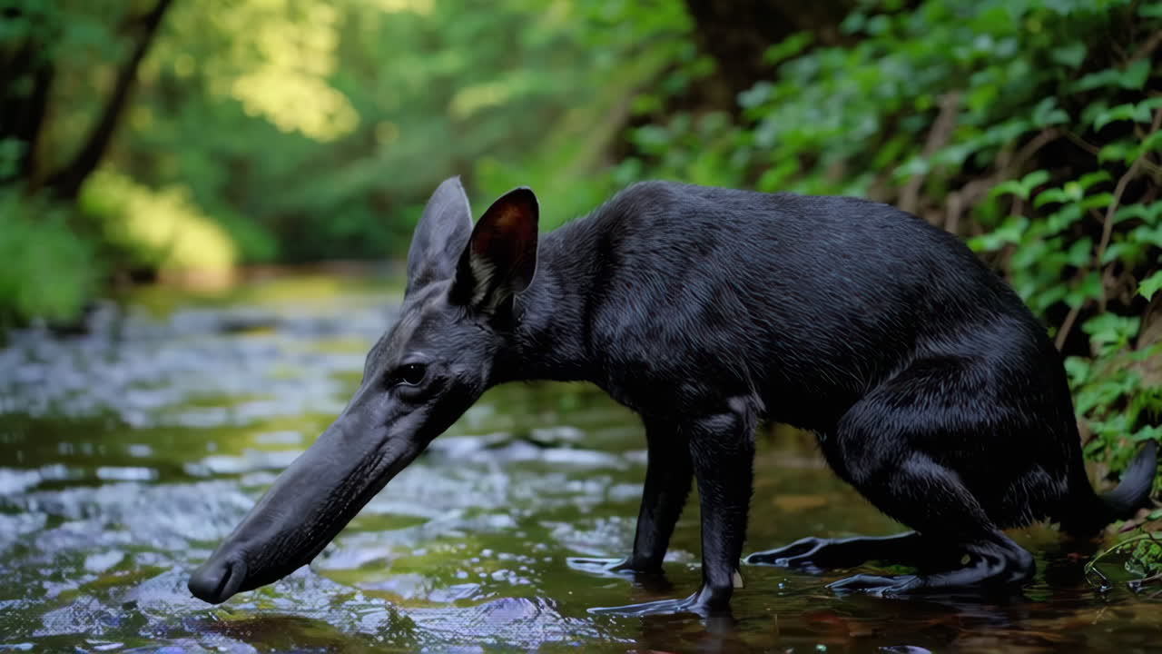 Black Dog Drinking from a Stream in a Forest