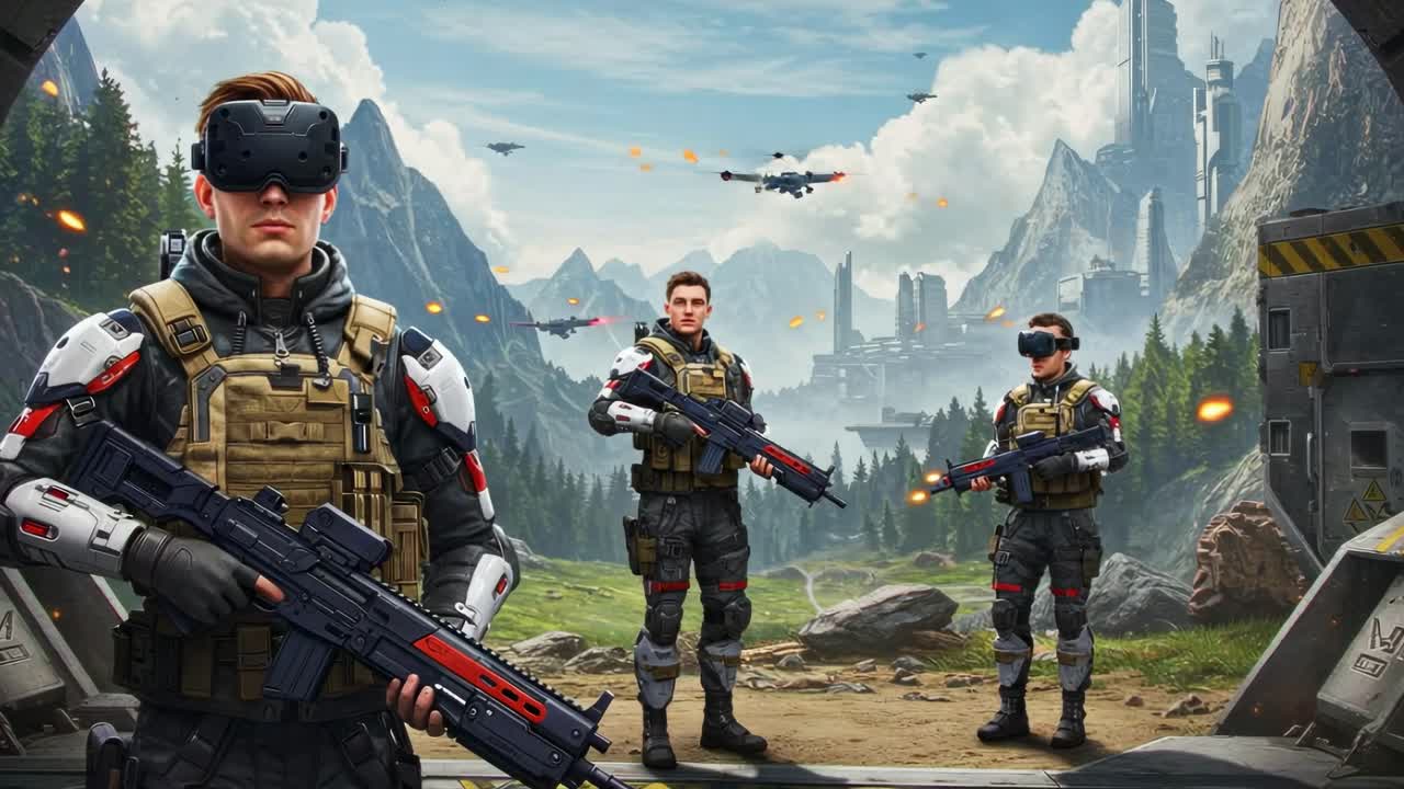 Future soldiers engage in tactical training exercises in a high-tech environment with drones and advanced weaponry