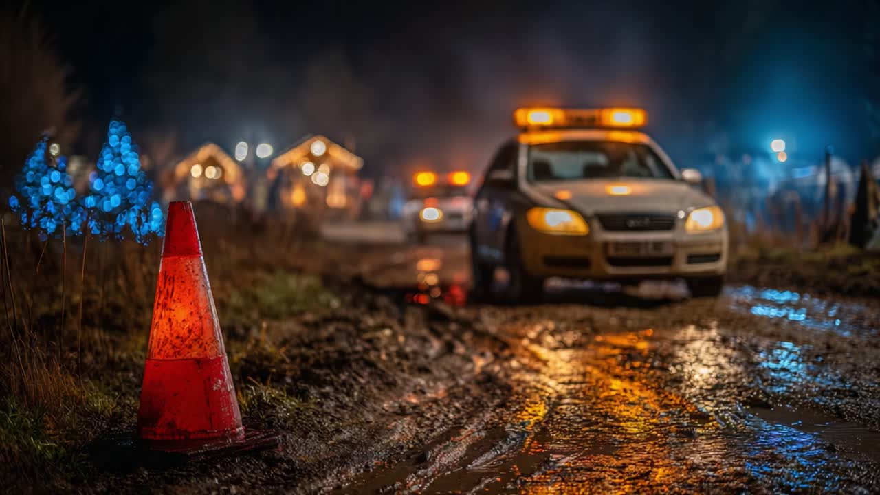 Emergency Response Scene at Night with Flashing Lights, Traffic Cones, and Reflections on a Wet Road Amidst a Festive Atmosphere
