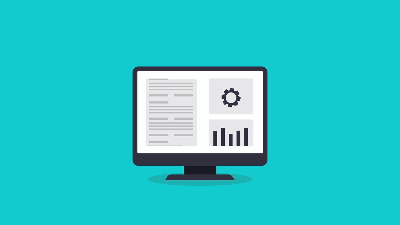 Animated Desktop Monitor Showing Data Analytics and Settings Interface