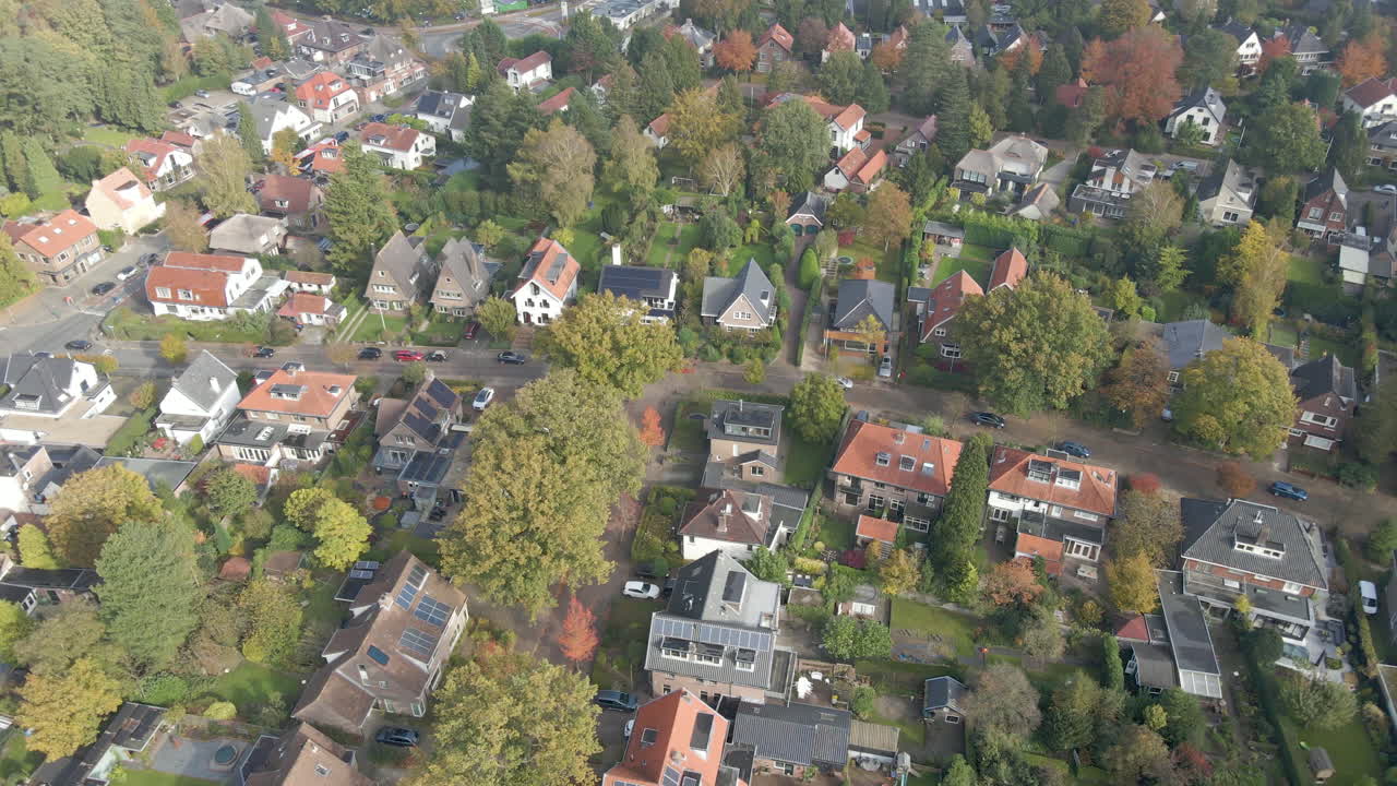 Aerial of beautiful suburban town in autumn