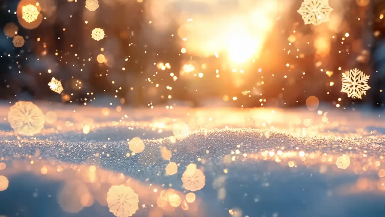A snowy landscape with a bright sun in the background. The sun is shining on the snow, creating a beautiful and serene atmosphere