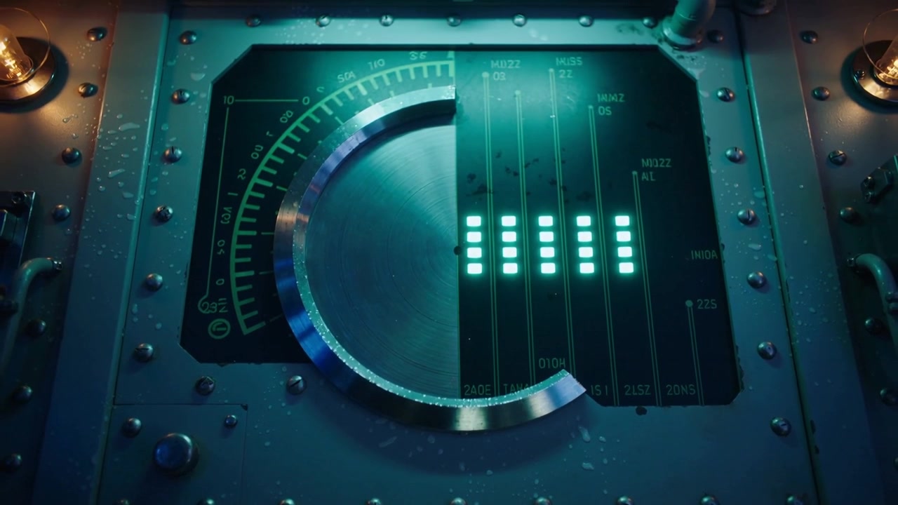 Powering metal control panel displaying rising LED columns at control bay, semicircular dial
