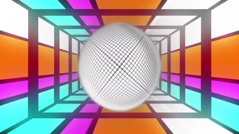 Animation-of-disco-ball-over-colorful-squares-on-black-background