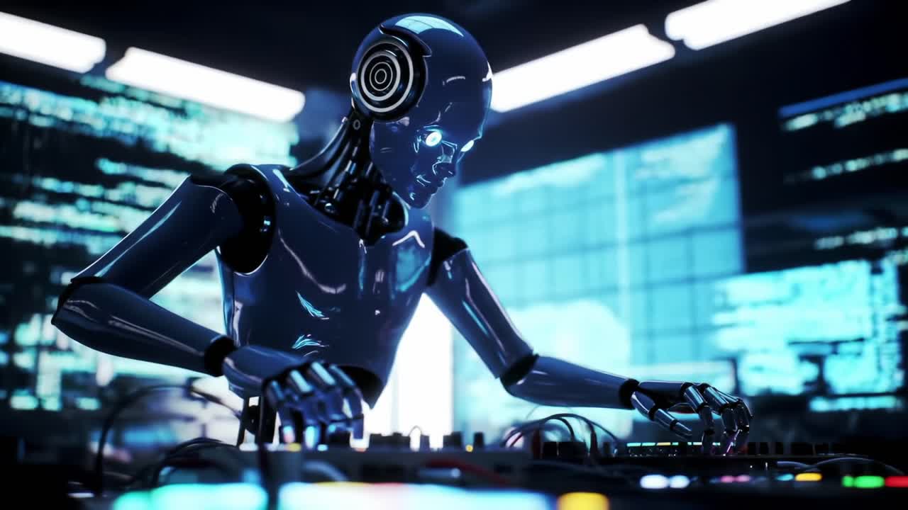 A futuristic humanoid robot expertly manipulates a sophisticated DJ setup, blending technology and creativity in a vibrant, digital environment filled with neon lights and data screens