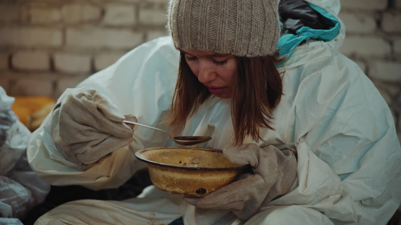 Exhausted woman in protective suit and worn gloves bends over chipped enamel bowl, slowly stirring food with spoon, reflecting hunger and survival struggle in aftermath of nuclear catastrophe