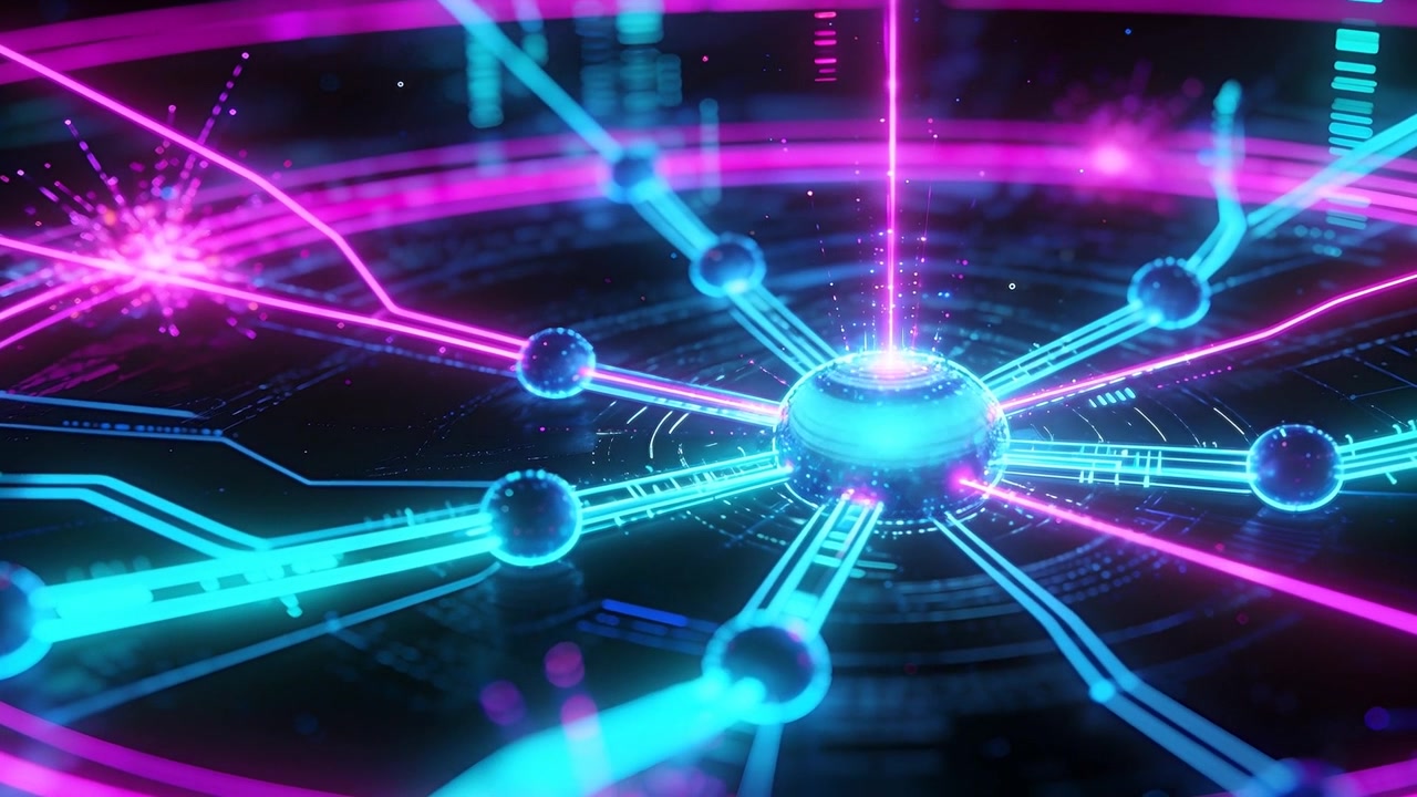 Segnale che avvia un hub centrale pulsante e invia dati lungo i bracci, raggio magenta nel cyberspazio.