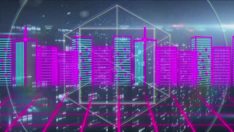 Animation-of-geometric-figures-and-3d-cityscape-with-data-processing-over-glowing-computer-servers