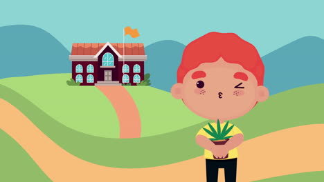 cute boy with a plant in front of a school building