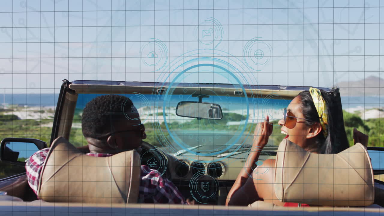 Driving scenic route, couple using futuristic digital interface in car animation