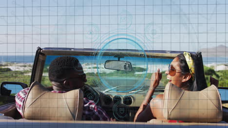 driving scenic route, couple using futuristic digital interface in car animation
