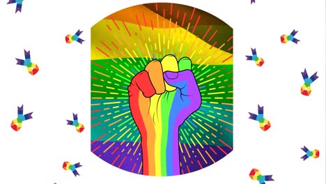 animation of rainbow fist flag and ribbons on white background