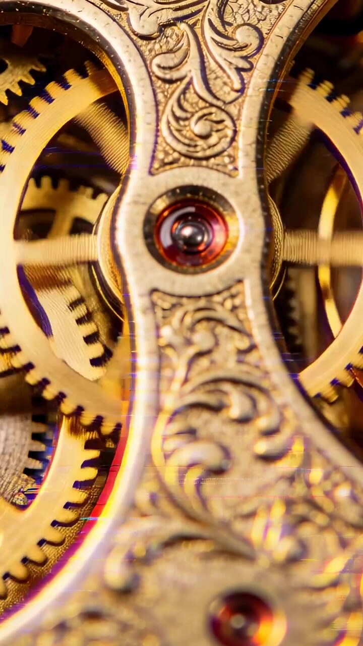 Vertical video: Frame showing ornate watch bridge with gears rotating in macro close-up, red jewel