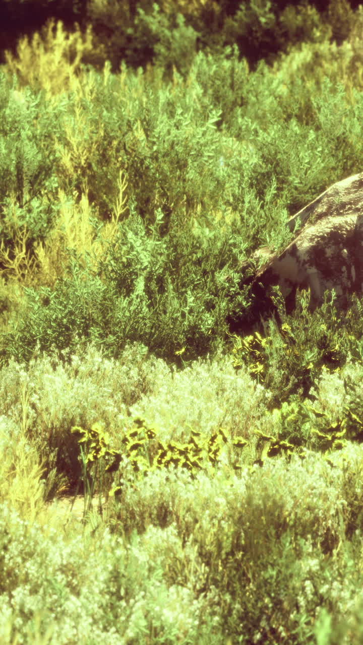 Rigoglioso paesaggio verde con una grande roccia in mezzo a una fitta vegetazione