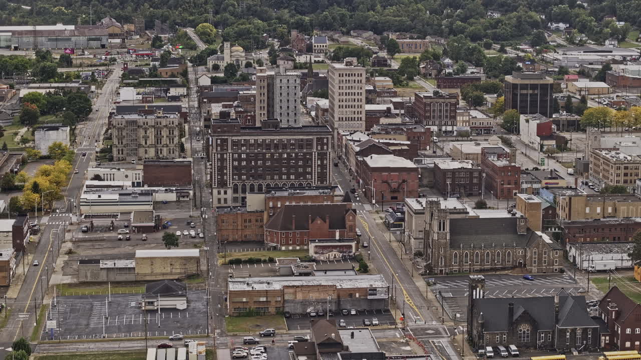 Steubenville Ohio Aerial v3 cinematic zoomed birds eye view, drone flyover small town center capturing historic buildings and quiet streets - Shot with Mavic 3 Pro Cine - Sept 22nd 2023