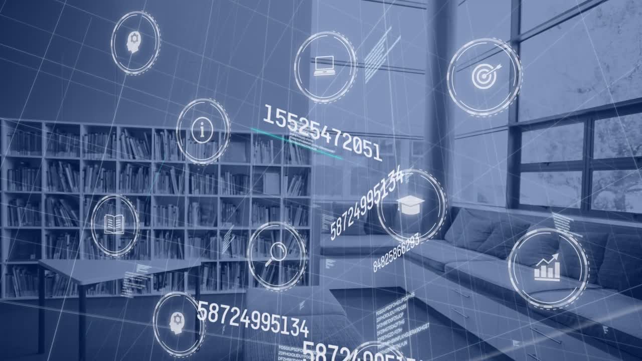 animación de iconos y procesamiento de datos en el mapa del mundo y la biblioteca