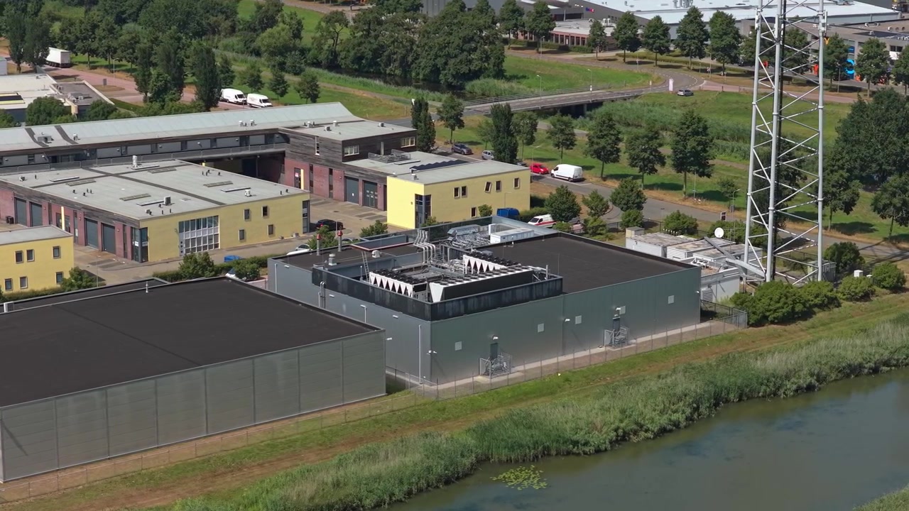 Aerial View of Industrial Buildings and Canal in Business Park