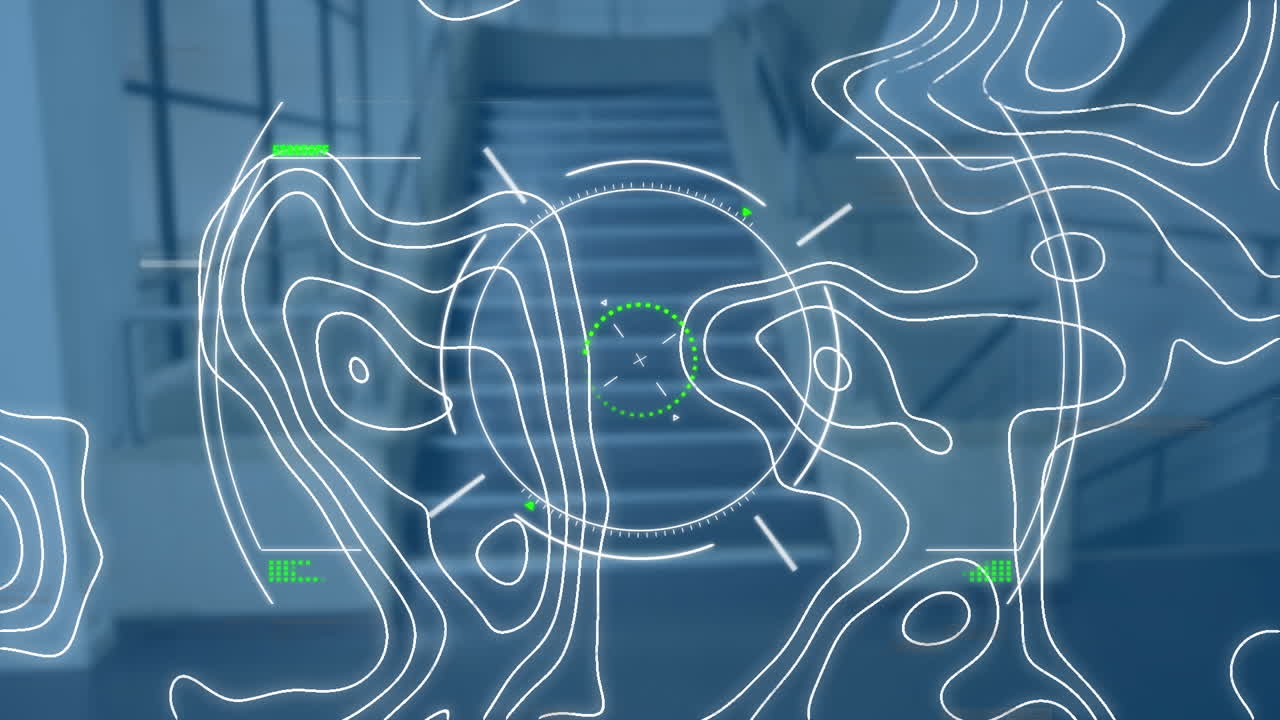 파란색 배경 위에 다양한 데이터 처리 및 isohypses의 애니메이션