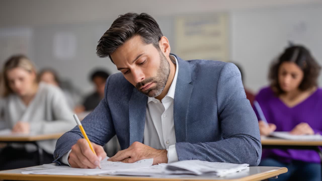 Focused Examination: A Man Diligently Completing an Academic Test in a Classroom Setting with Fellow Students Engaged in Their Studies