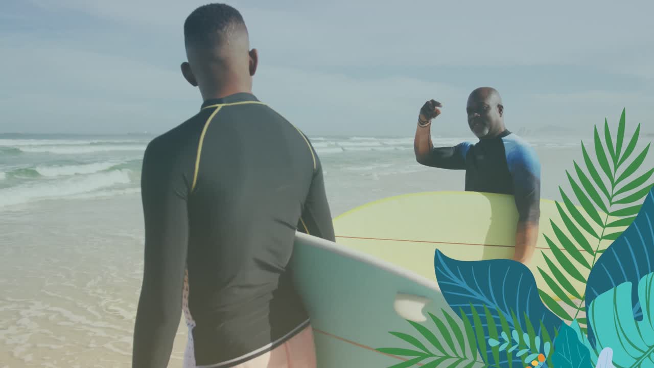 Animation of leaves over african american male surfers talking on beach