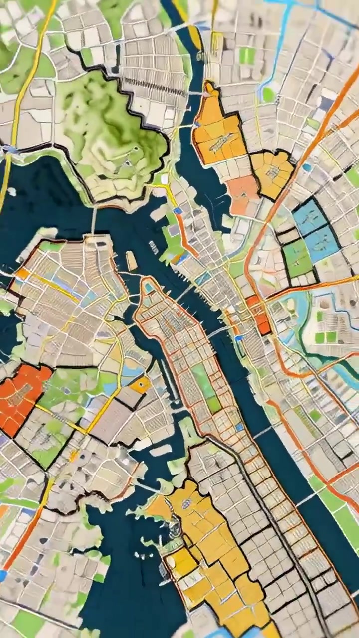 Vertical video: Zooming camera revealing stylized map on map sheet, highlighting harbor and bridges