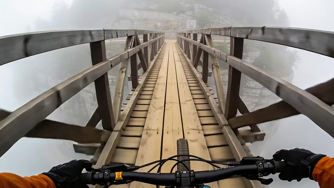 Ciclista in sella con giacca arancione che sterza il manubrio, pedalando su un ponte, con la nebbia che si dirada rivelando un cartello di uscita.