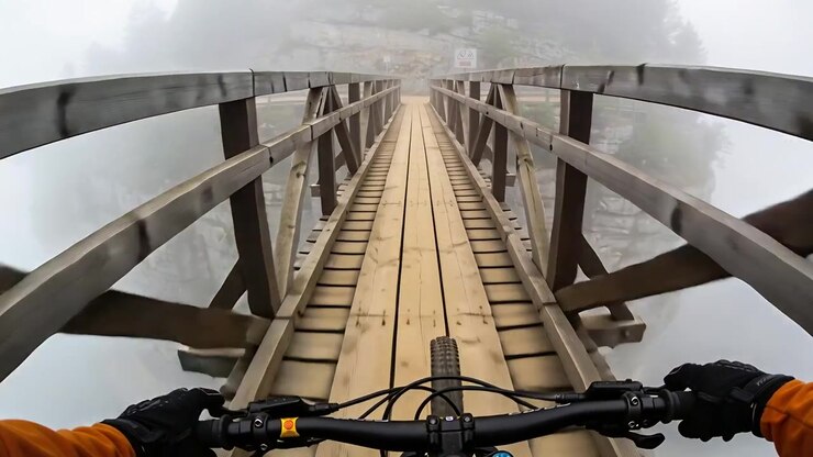 Riding cyclist orange jacket steering handlebars, pedaling bridge, fog lifting revealing exit sign