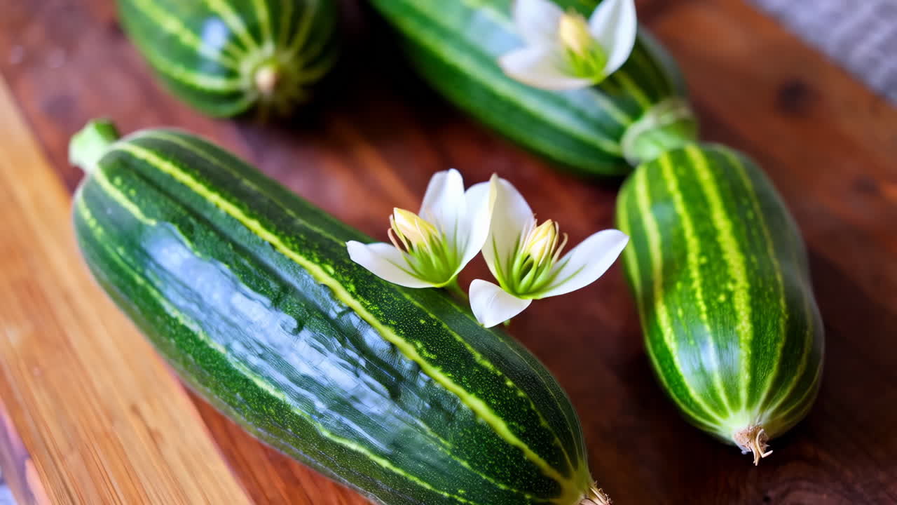Fresh Zucchini with Blossoms on a Wooden Board