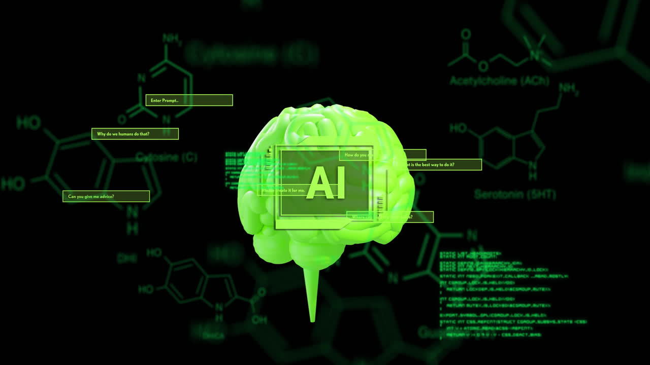 검은색 배경 위에 데이터 처리와 함께 ai 텍스트와 뇌의 애니메이션