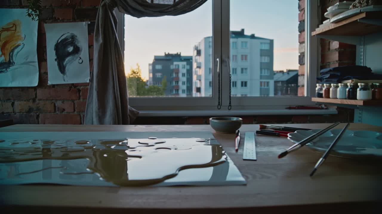 Superficie del tavolo in movimento che riflette il tramonto dalla finestra di un appartamento, con medium e attrezzi raggruppati che appaiono.