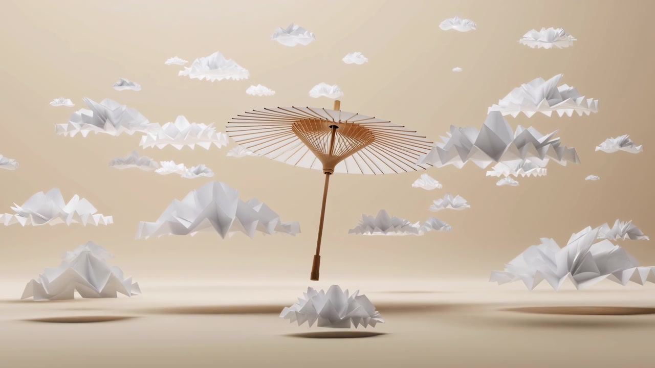 Svævende papirparaply blandt papirskyer, origami-bjerge og en blød beige baggrund skaber en rolig, surrealistisk stemning