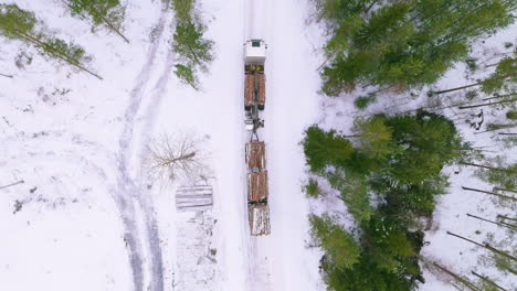 truck loaded with harvested tree logs drive on snowy forest road, drone overhead