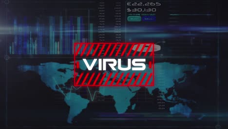 animation of covid 19 warning text over data processing and world map
