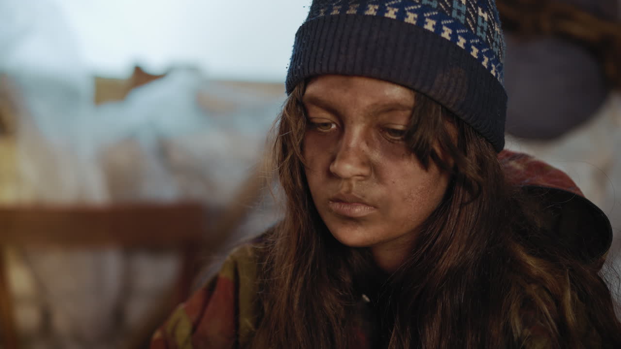 Close up of young girl with dirty face and tired expression wearing patterned knit cap and camouflage jacket, eyes lowered in fatigue, sitting in rough indoor setting with blurred background