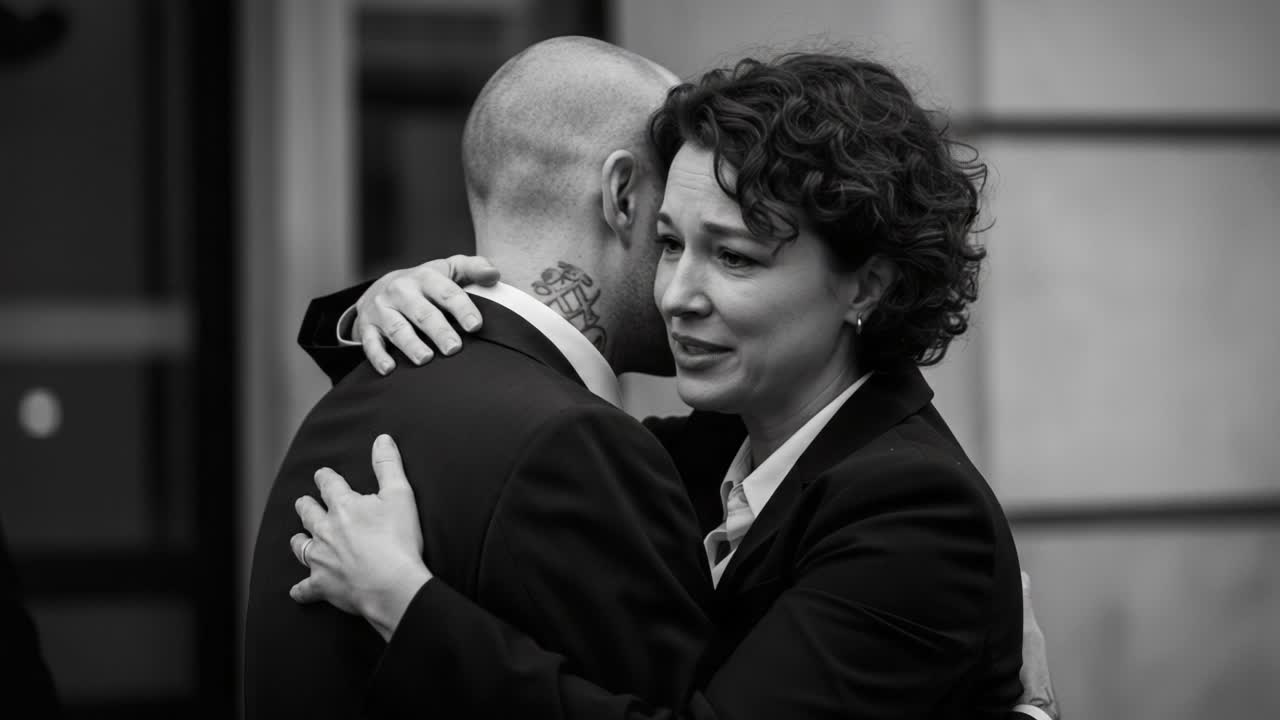 A poignant moment of connection captured in black and white, featuring a heartfelt embrace between two individuals expressing deep emotion and solidarity during a significant encounter