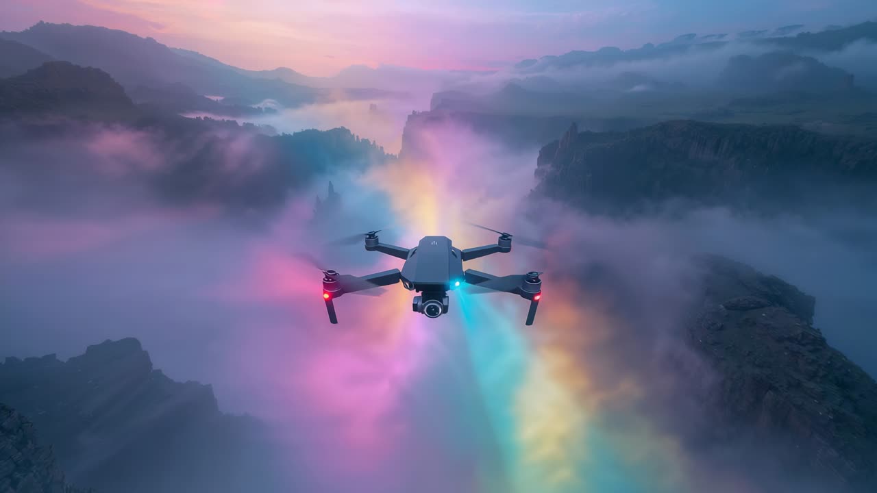 Flying gimbaled drone moving through canyon fog at dawn emitting neon trails and capturing footage