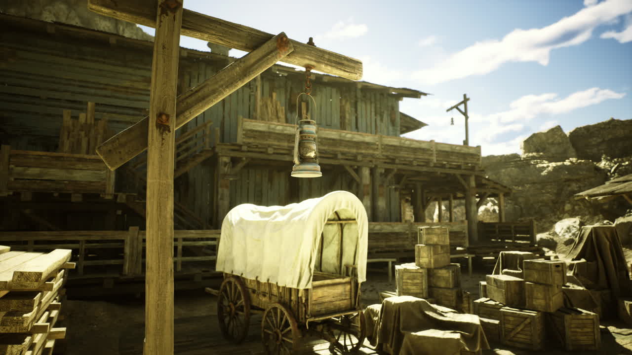 Old western trading post with wooden structures and wagon during sunny day
