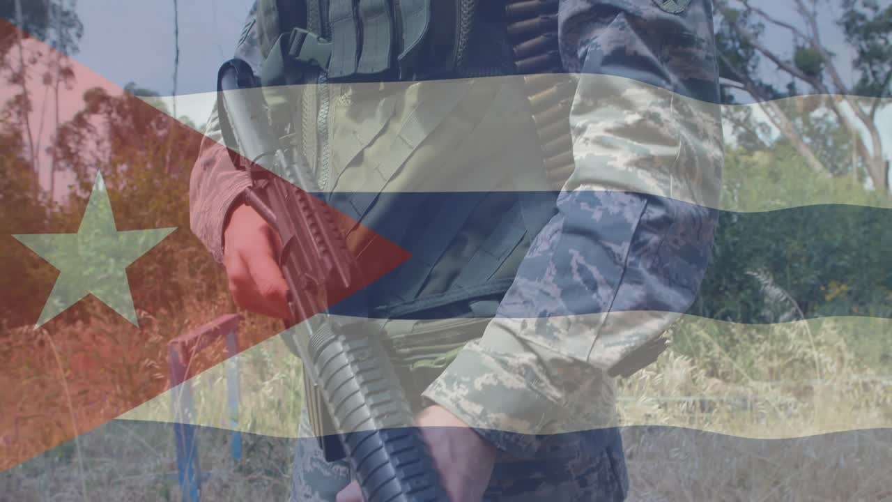Soldier scanning forest for defense, camera panning upward revealing helmet with flag overlay