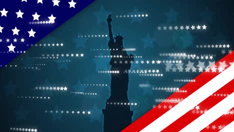 animation of stars and stripes of american flag over statue of liberty silhouette