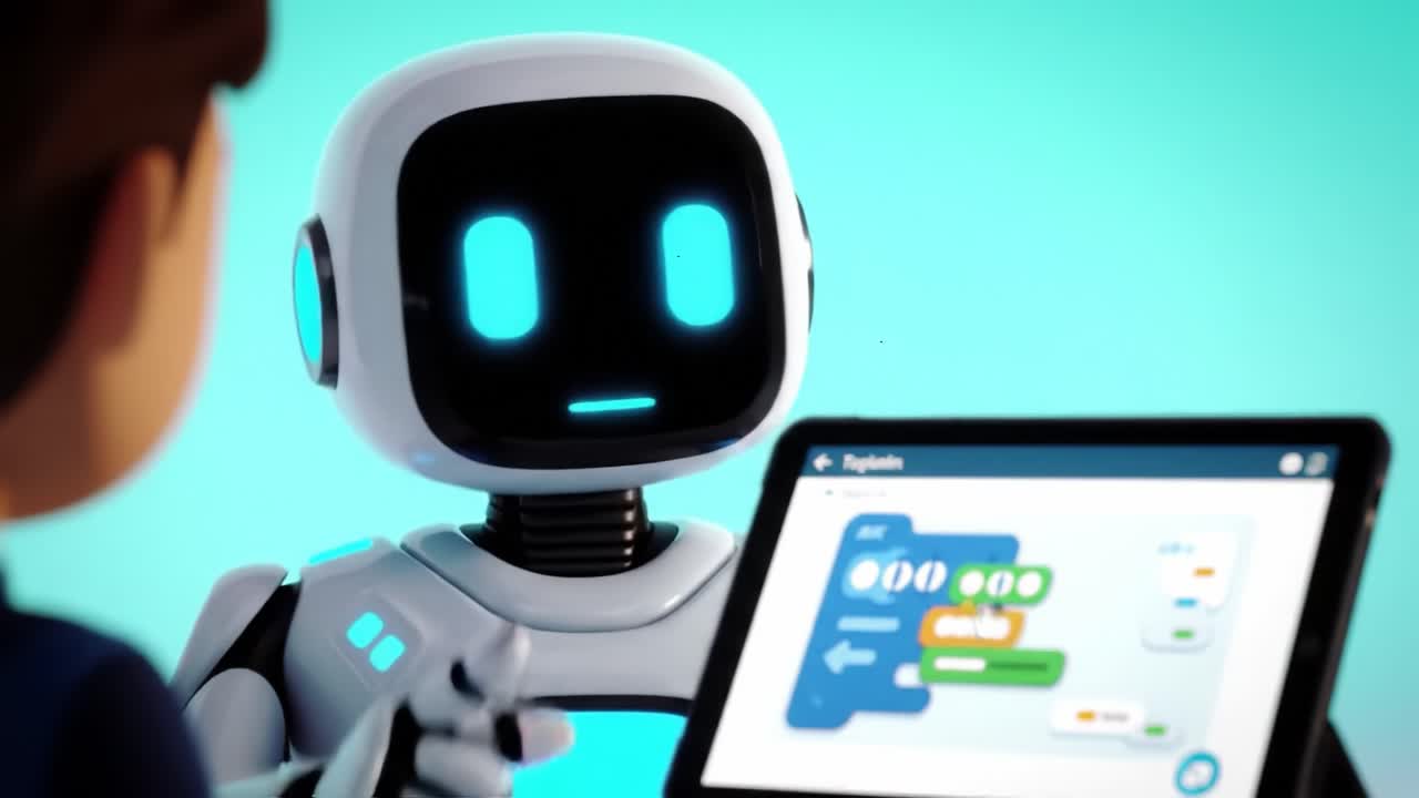 A child engages with a friendly robot, learning coding concepts through interactive lessons on a tablet in a vibrant environment. The robot expresses curiosity and support throughout the activity.