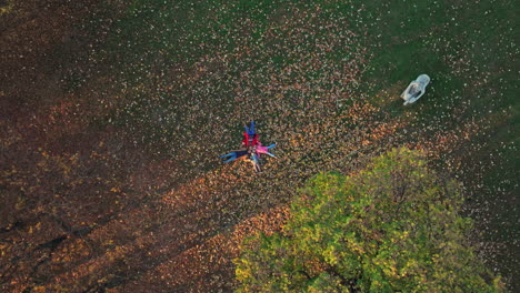 people lying down on autumn leaves in a park