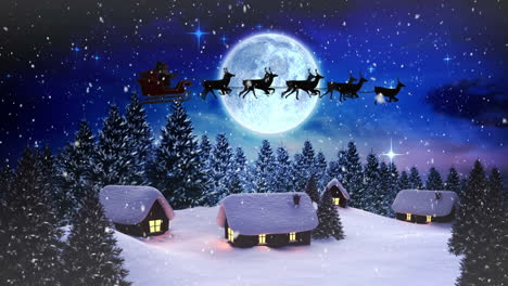 Animation-of-santa-sleigh-and-snow-falling-in-night-winter-landscape