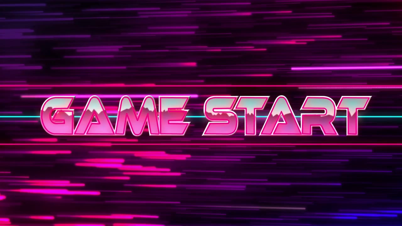 Vídeo vertical: Texto de wireframe de startup se transformando em INÍCIO DE JOGO 3D sobre rastros de néon iniciando a partida.