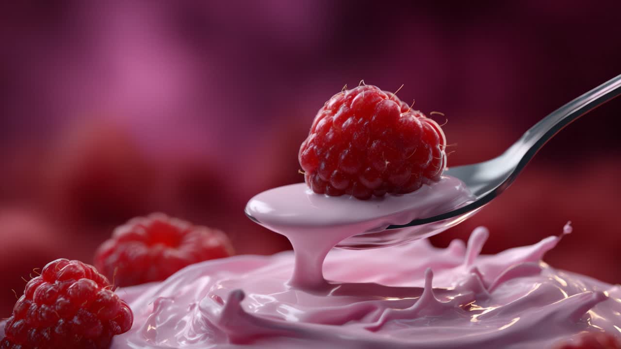 Delicious Close-Up of Raspberry Toppings on Creamy Yogurt with a Spoon, Capturing the Splashes of Dairy and Bright Red Berries in a Stunning Visual Treat