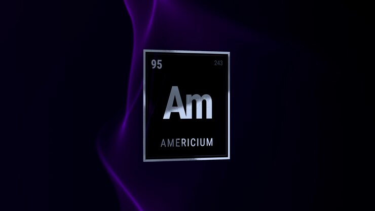 Casella della tavola periodica dell'elemento Americio su sfondo di fumo viola scuro