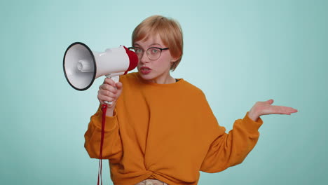 woman talking with megaphone proclaiming news loudly announcing advertisement pointing empty place