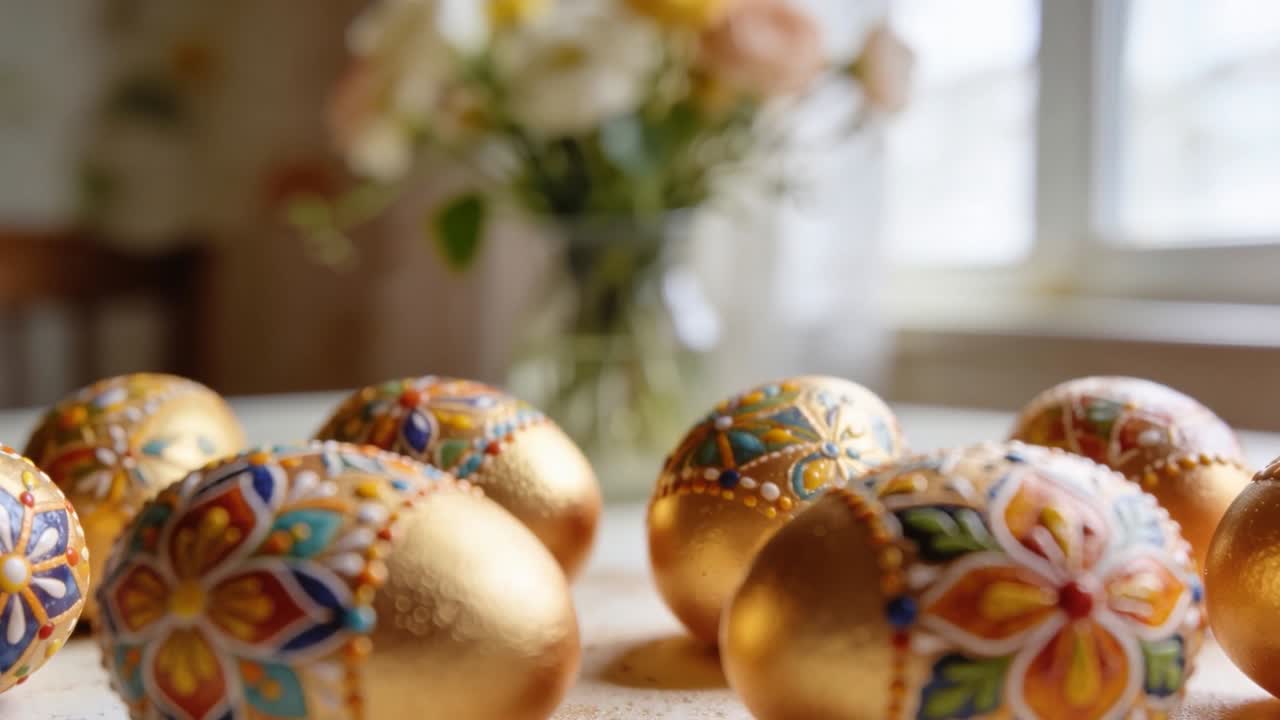 Opening on single gold egg, camera pulling back showing painted eggs, vase, window at sunlit table
